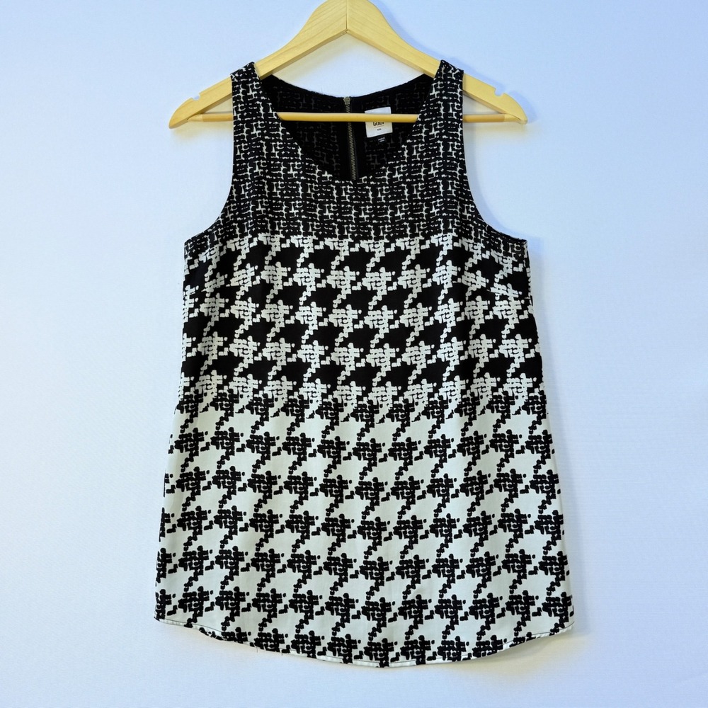 Cabi Womens Small Houndstooth Sleeveless Top Black White‎ Career Chiffon Bold